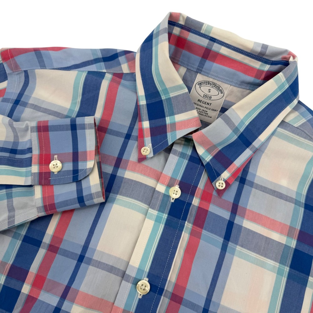 Brooks Brothers Shirt Mens S Blue Pink Plaid Regent Fit Non-Iron Cotton Long Slv